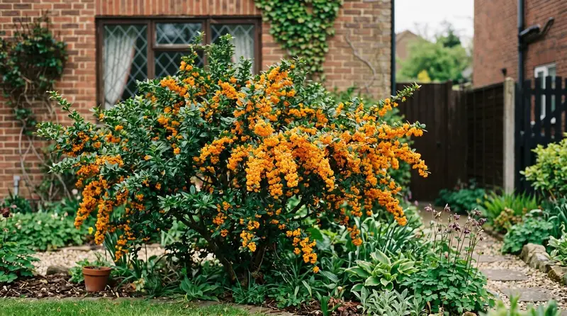 Berberis darwinii in full orange spring bloom with glossy spiny evergreen leaves in a UK garden