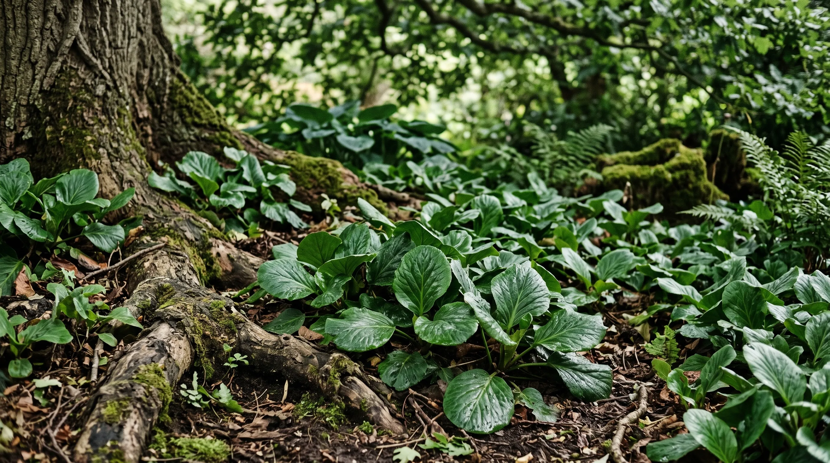 Bergenia growing as evergreen ground cover in dry shade under a large tree