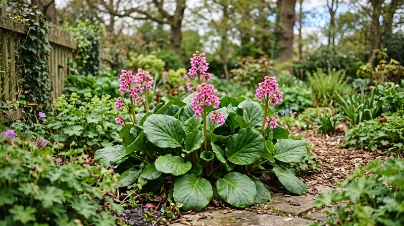 A large clump of bergenia elephant's ears with glossy leaves and pink flower spikes in a UK garden