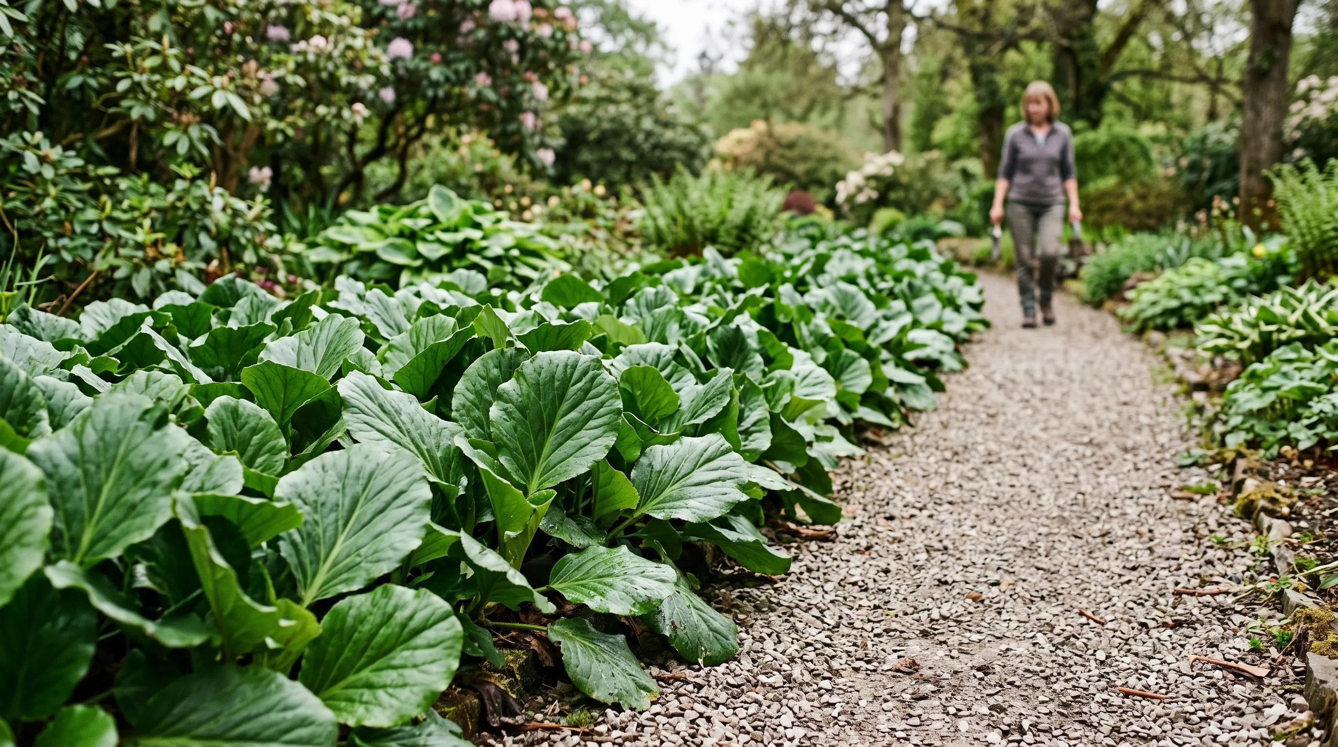 Bergenia used as low evergreen ground cover edging a gravel garden path