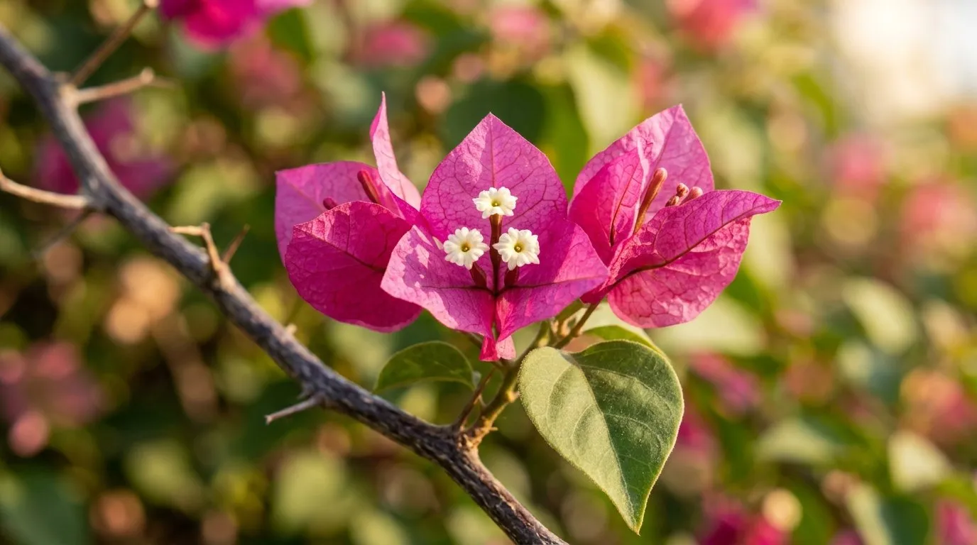 Close-up of magenta bougainvillea bracts surrounding tiny cream flowers in summer sun