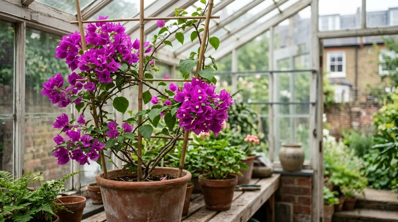 Bougainvillea in a large pot flowering inside a bright UK conservatory
