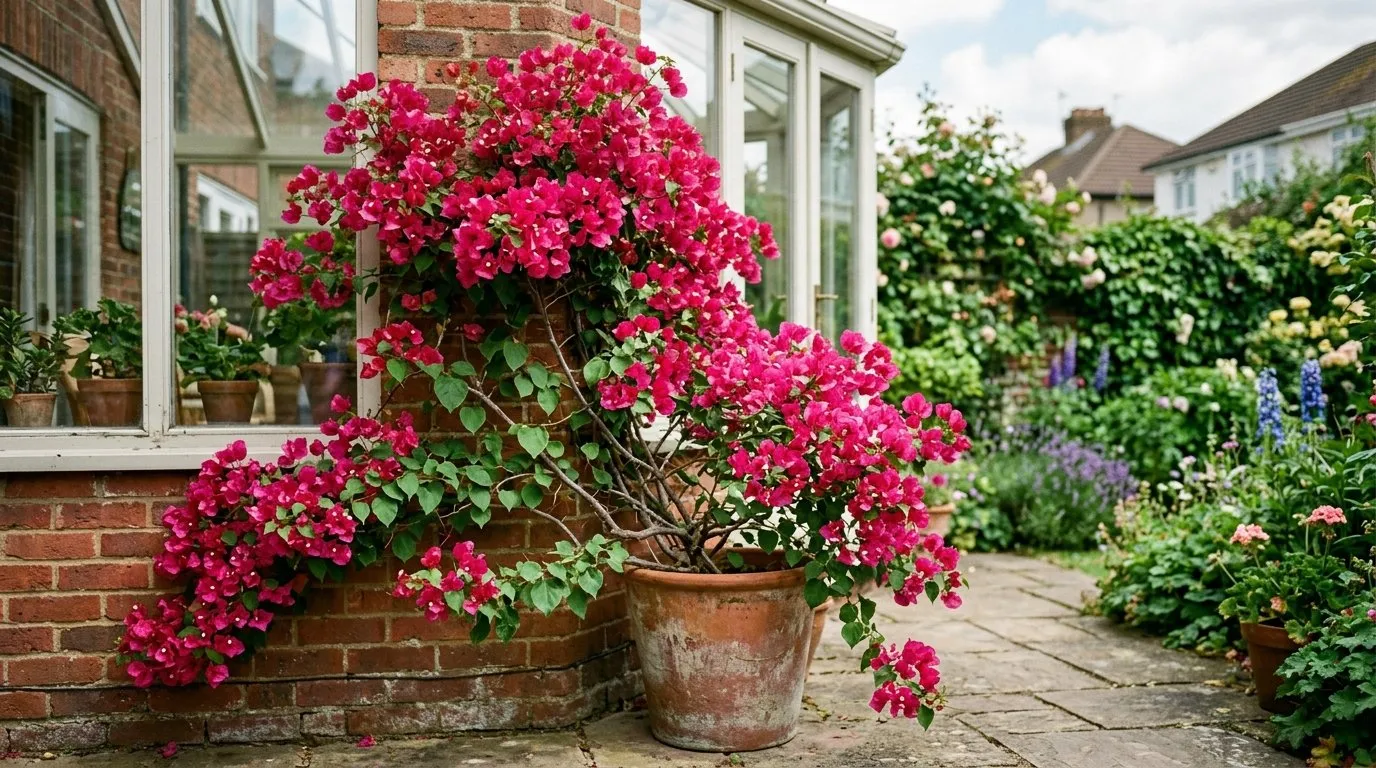 Magenta bougainvillea in a large pot flowering against a sunny UK conservatory wall