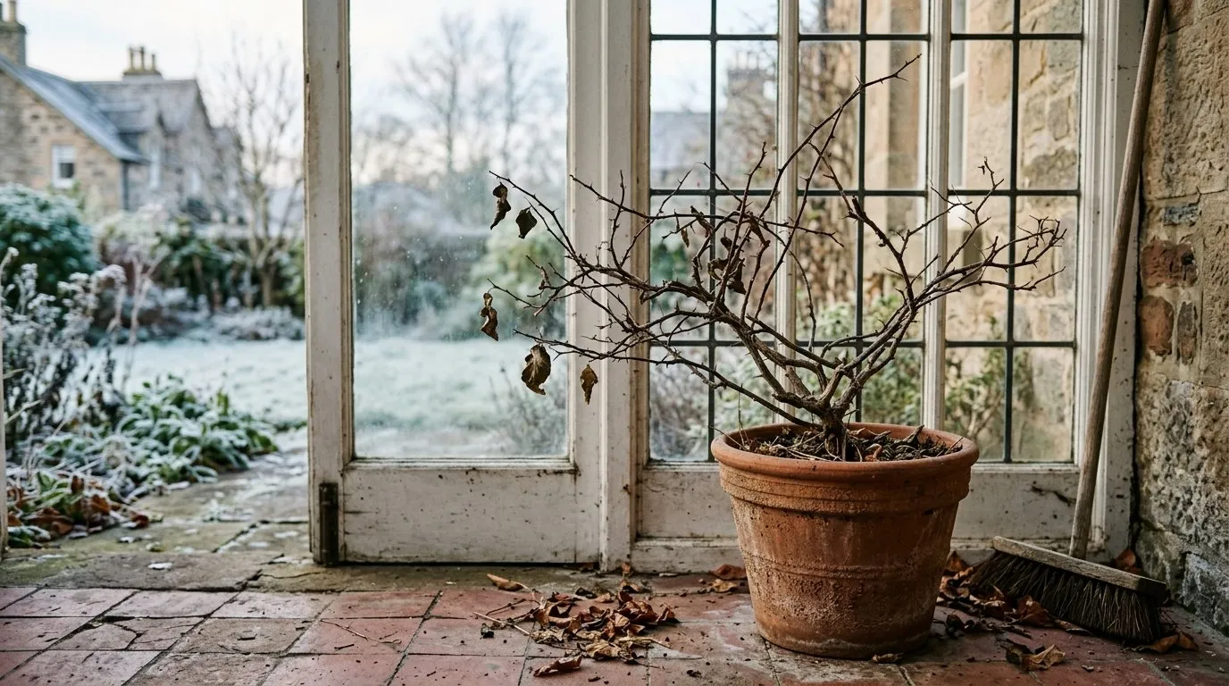 Leafless bougainvillea resting in a cool bright porch over winter in a UK home