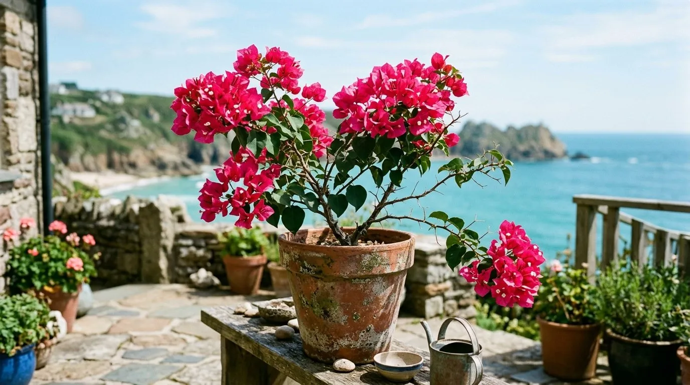 Bougainvillea in a pot on a sunny coastal patio in south-west England in summer