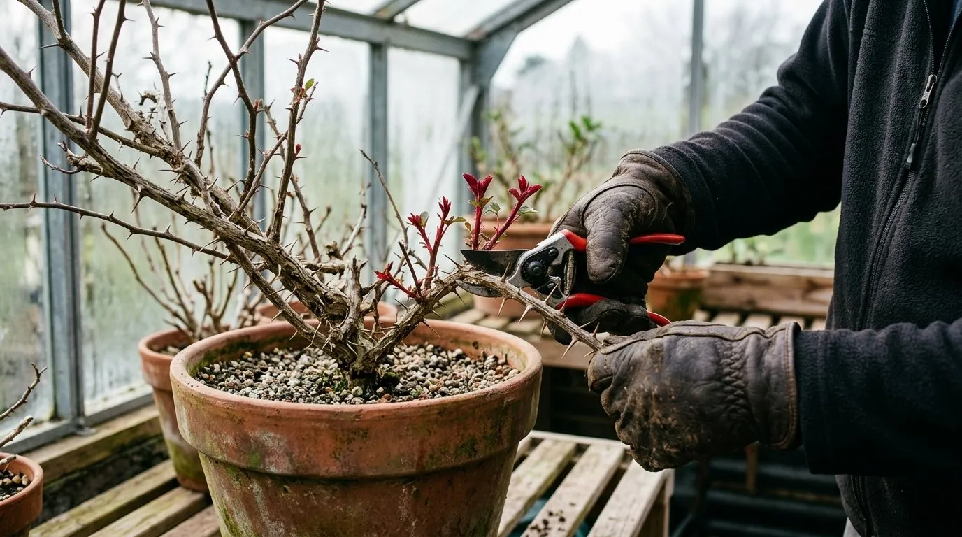 Pruning a bougainvillea with secateurs and thick gloves in early spring