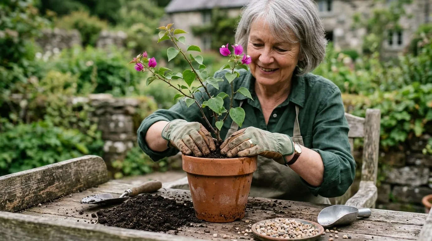 Repotting a young bougainvillea into a terracotta pot of John Innes compost on a potting bench