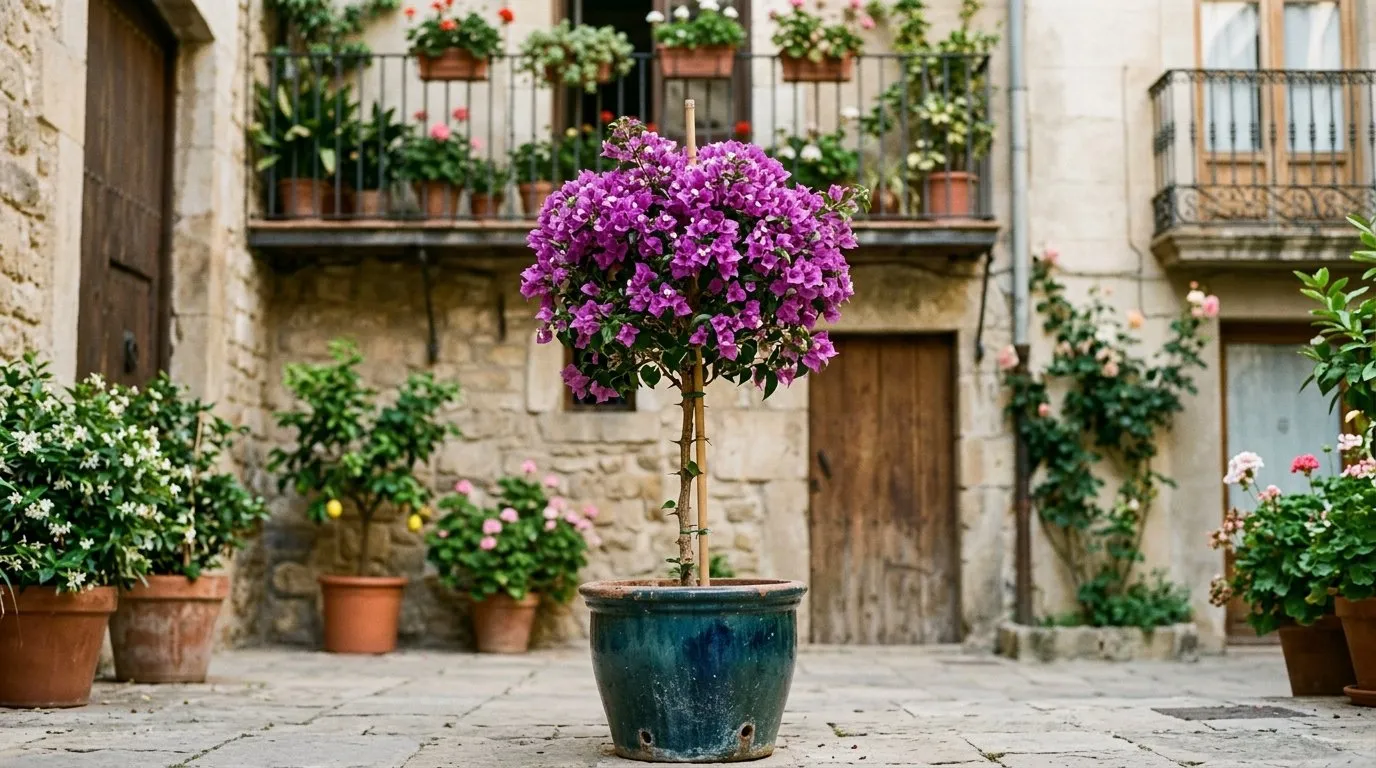 Trained standard bougainvillea in flower in a bright city courtyard container