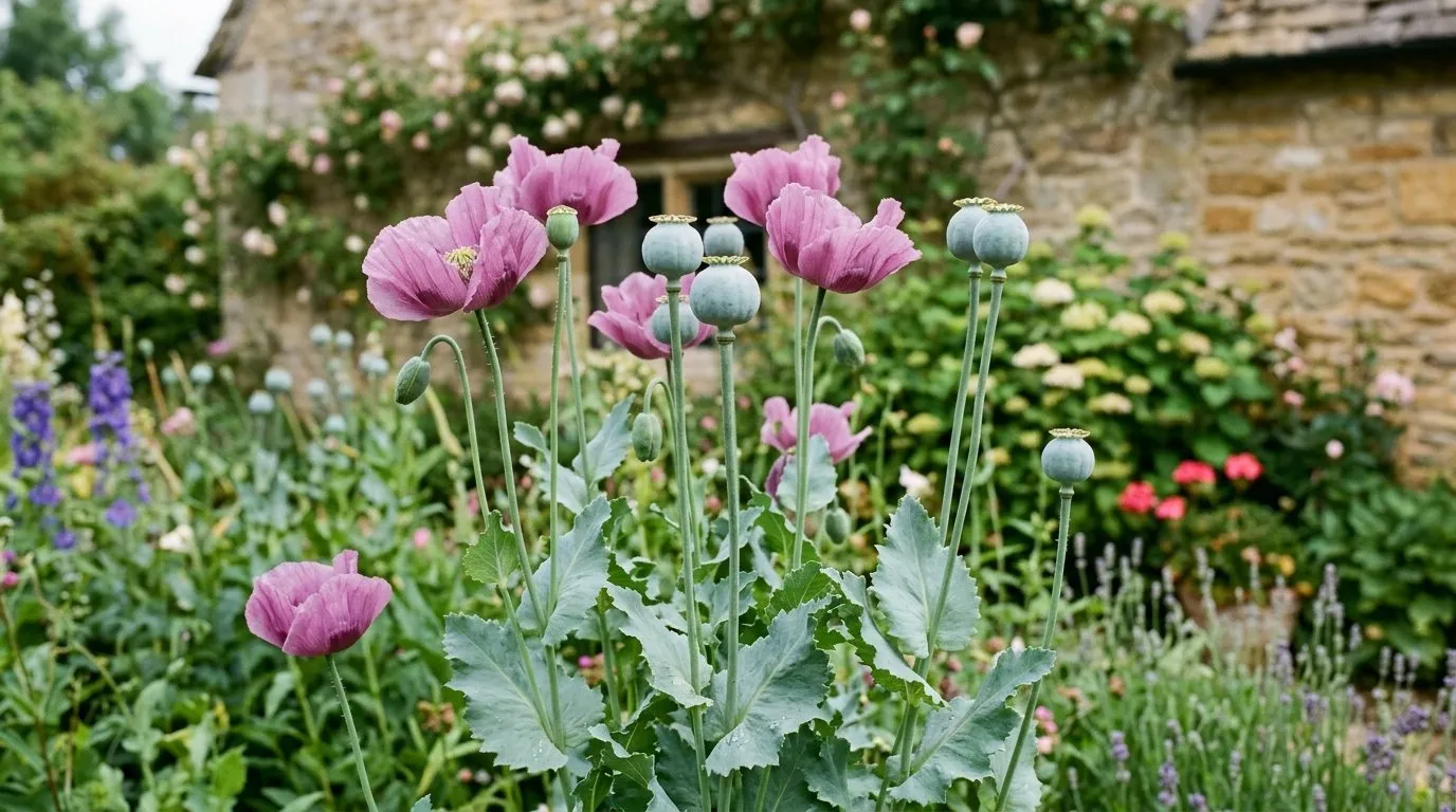 Breadseed poppies with mauve flowers and grey-green seed pods in a UK cottage garden bed