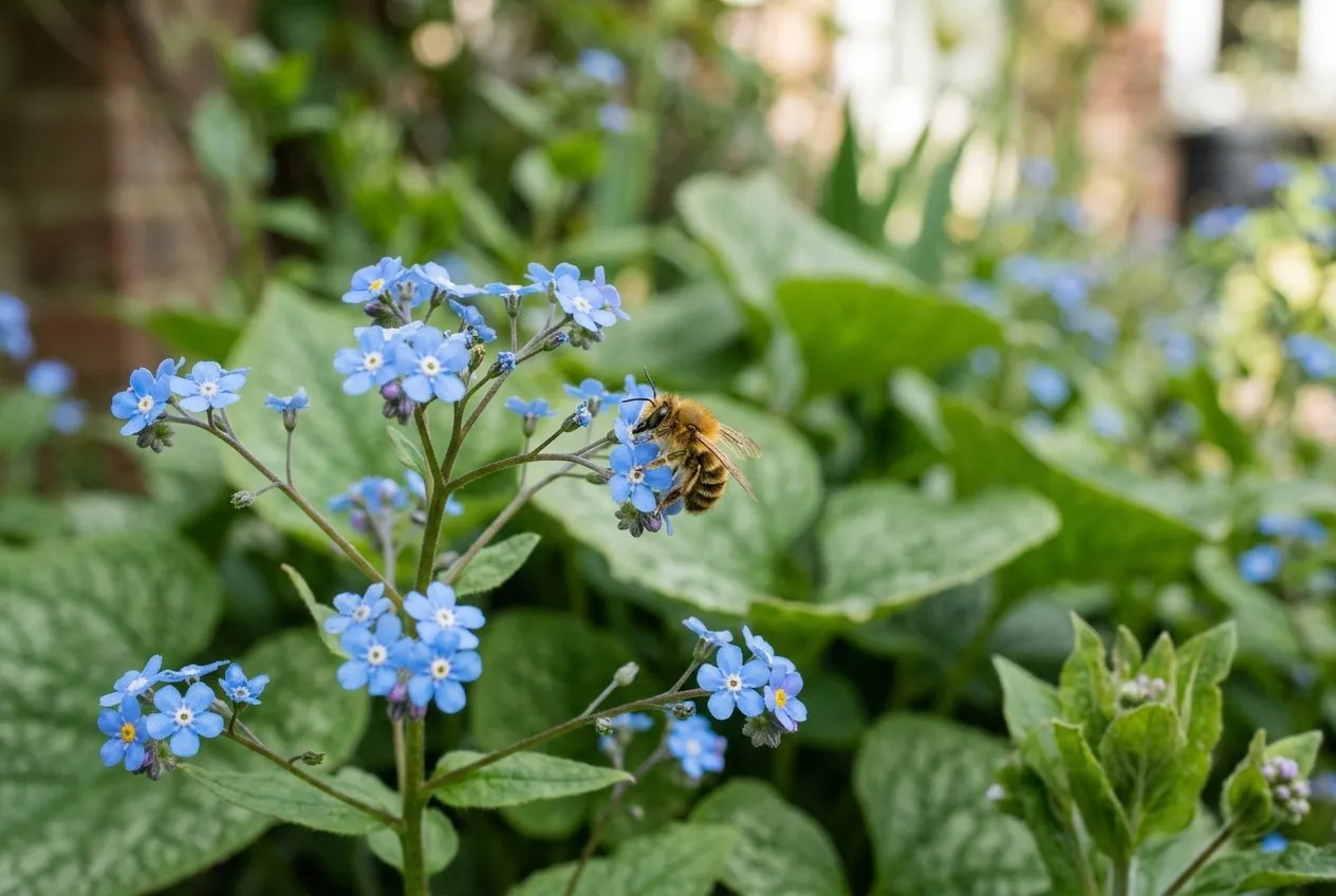 Sprays of tiny bright blue forget-me-not style brunnera flowers with a small bee feeding, soft green leaves behind