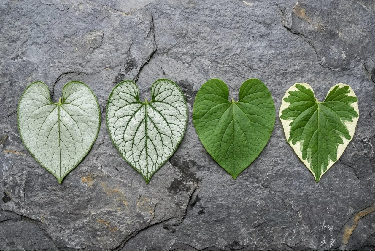 Four brunnera leaves side by side showing the range from near-solid silver to plain green to cream-margined