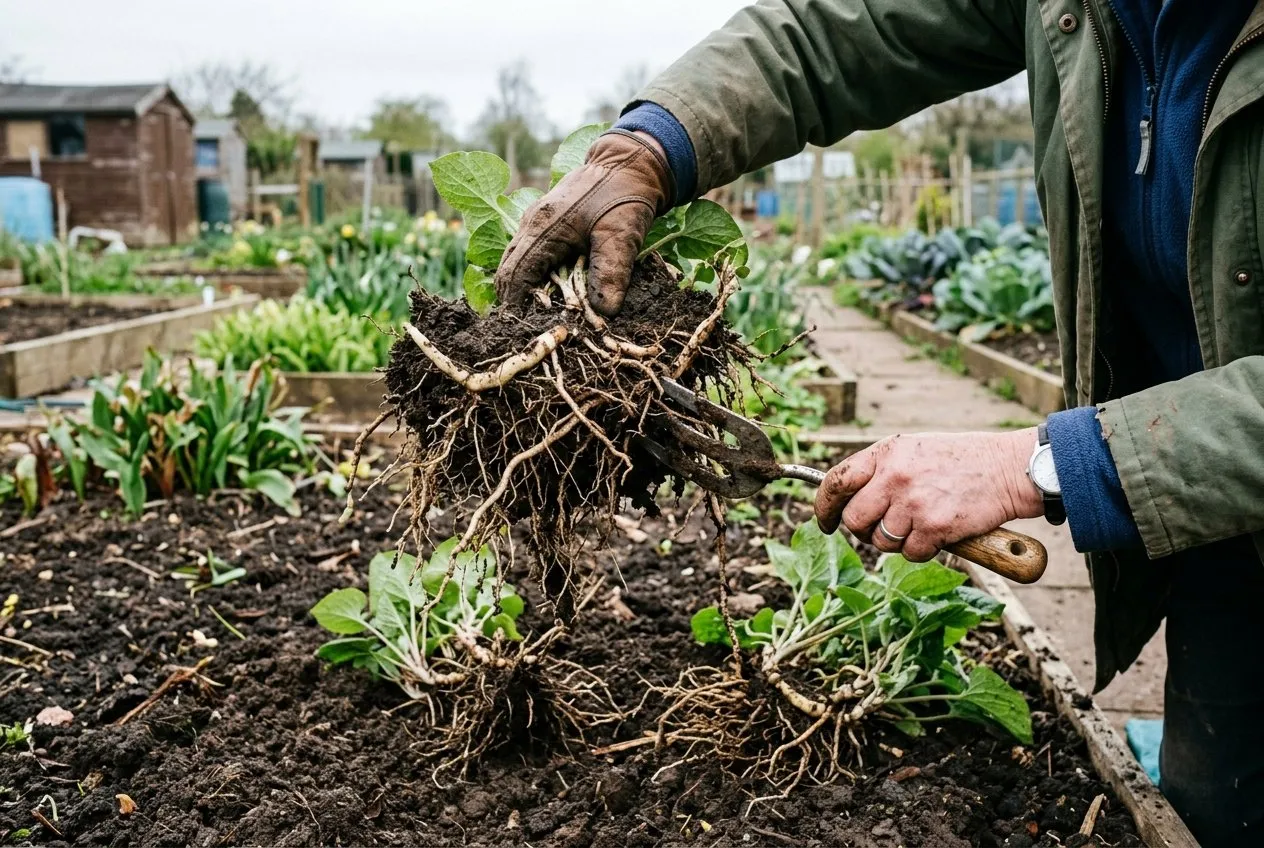 A gardener's hands splitting a lifted clump of brunnera in spring, showing pale creeping rhizomes and fibrous roots