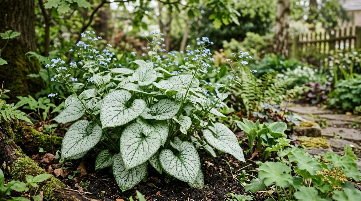 A clump of Brunnera 'Jack Frost' with silver heart-shaped leaves and blue forget-me-not flowers in a shady UK garden border
