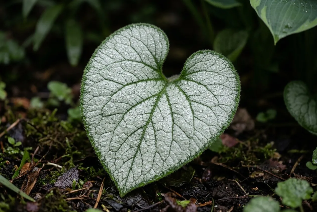 A single Brunnera 'Jack Frost' leaf close up, heart-shaped with a silver pewter surface veined and edged in green, catching dew