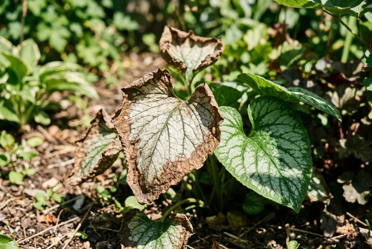 Sun-scorched brunnera leaves with dry brown crispy edges beside a healthy shaded leaf for contrast