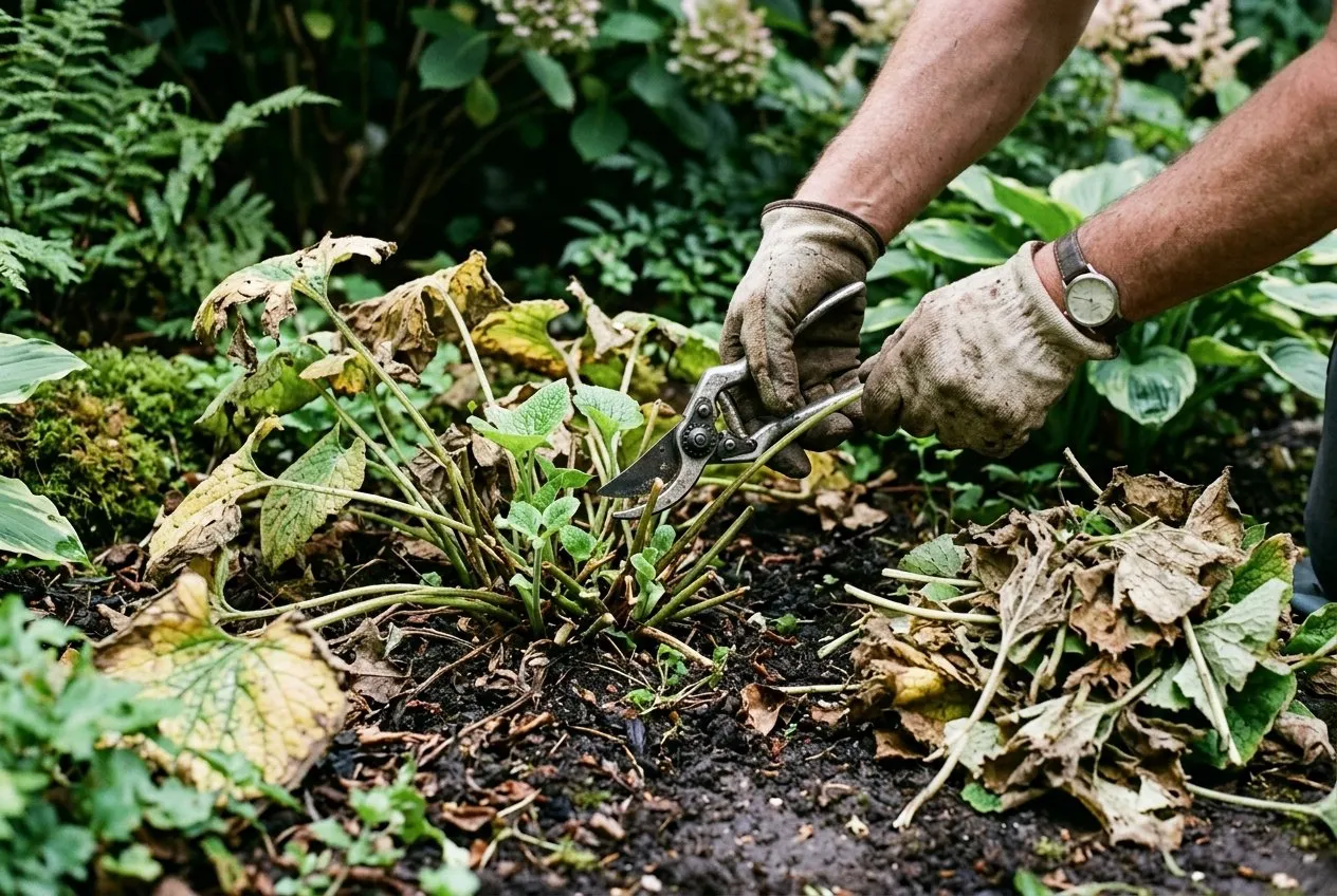 Hands using secateurs to cut back tatty faded brunnera leaves at the base in midsummer with fresh new growth emerging
