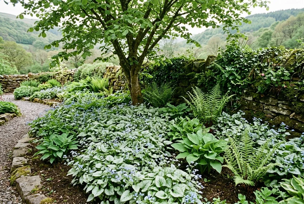 Brunnera 'Jack Frost' used as silver ground cover in a shady woodland-style UK border with hostas and ferns