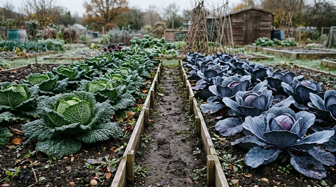 How to grow cabbage varieties: a mixed row of savoy and red cabbage in a frosty UK winter allotment