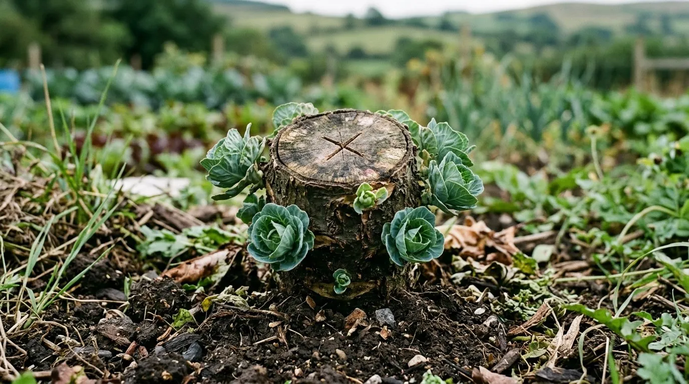 How to grow cabbage for a second crop: a cross cut into a harvested cabbage stump sprouting new heads