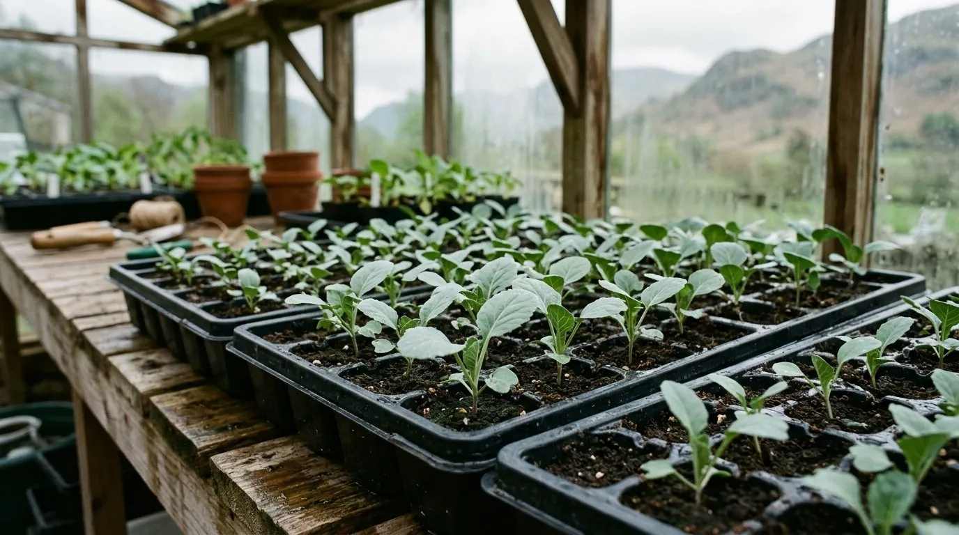 How to grow cabbage from seed: young cabbage seedlings in module trays in a UK greenhouse