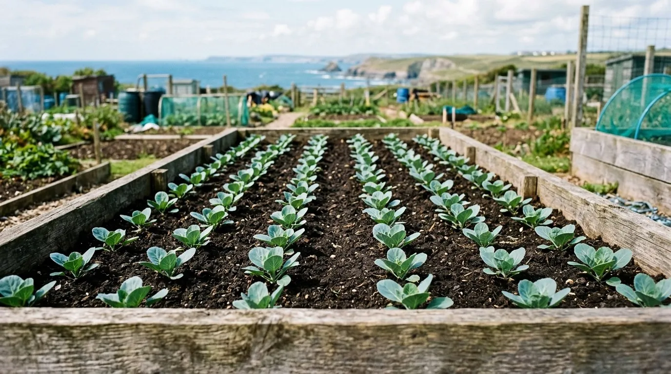 How to grow cabbage at the right spacing: young cabbage plants set out in a raised bed