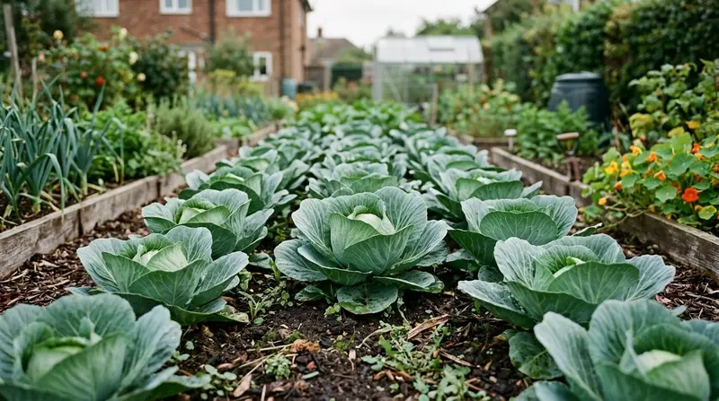 Rows of firm-hearted summer cabbage in a UK kitchen garden showing how to grow cabbage well