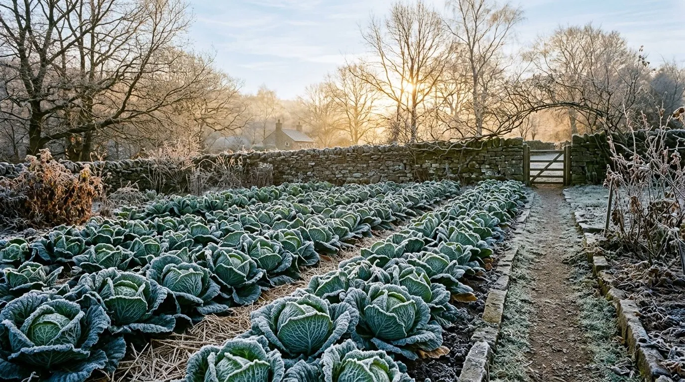 How to grow cabbage through winter: a savoy cabbage covered in frost in a rural UK cottage garden