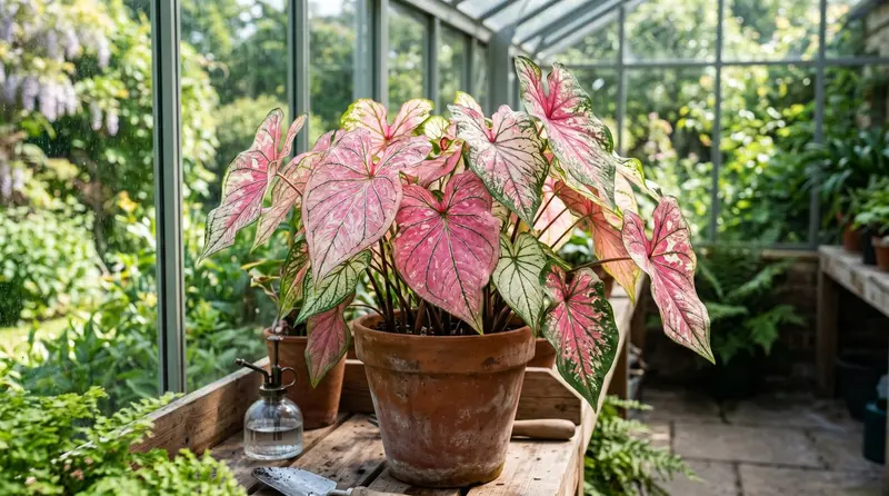 Pink and white heart-shaped caladium angel wings leaves growing in a bright UK conservatory in summer