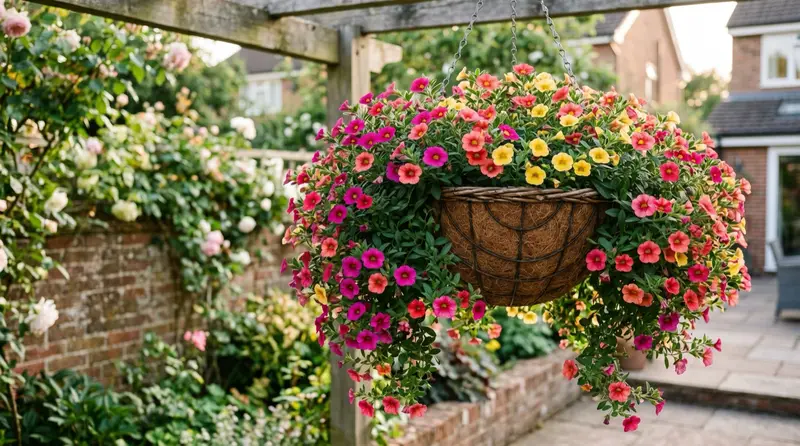 Trailing calibrachoa Million Bells in full flower spilling from a hanging basket in a UK garden