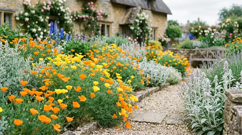 A UK cottage garden border in full bloom with orange and yellow California poppies (Eschscholzia californica) flowering en