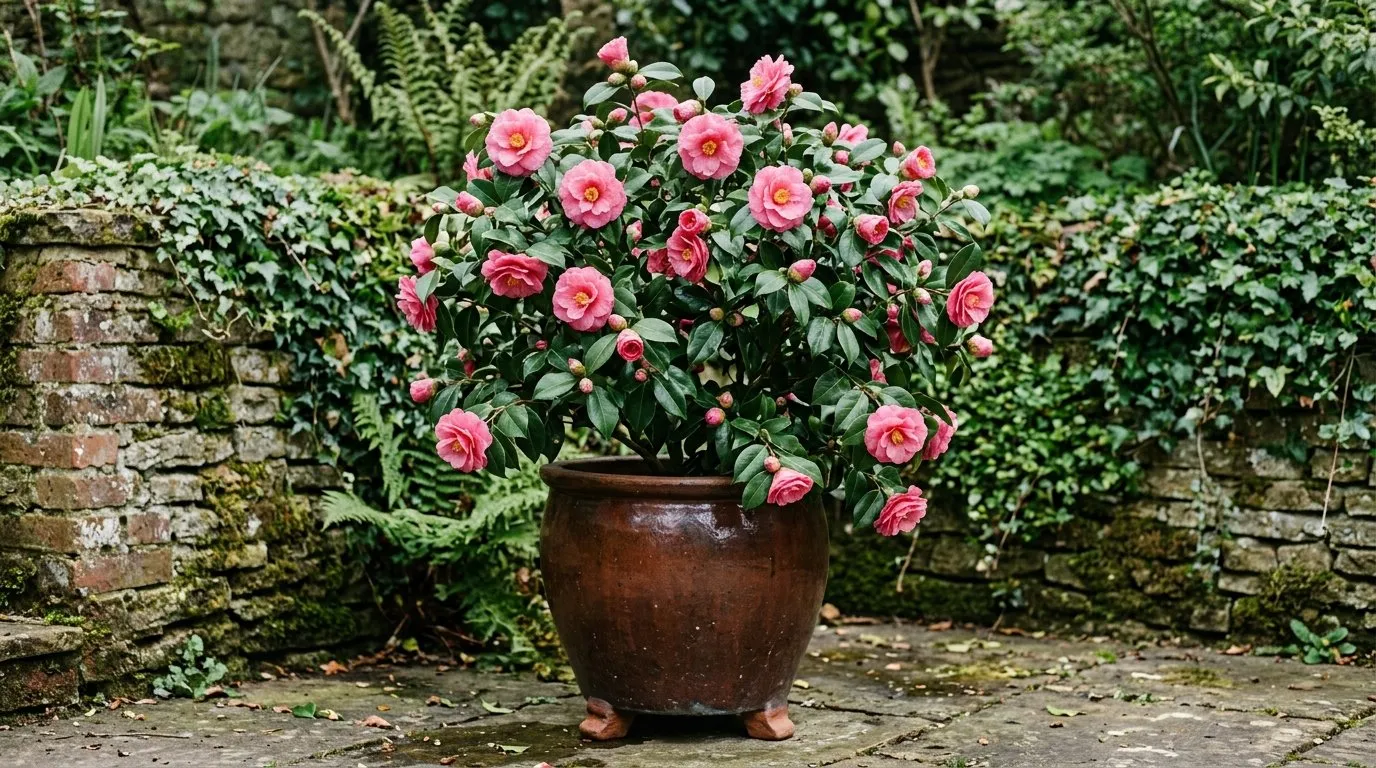A mature pink-flowered camellia growing in a large patio container