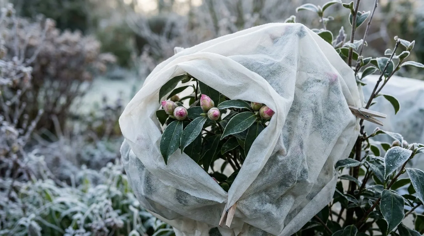 Camellia flower buds protected with horticultural fleece during a winter frost