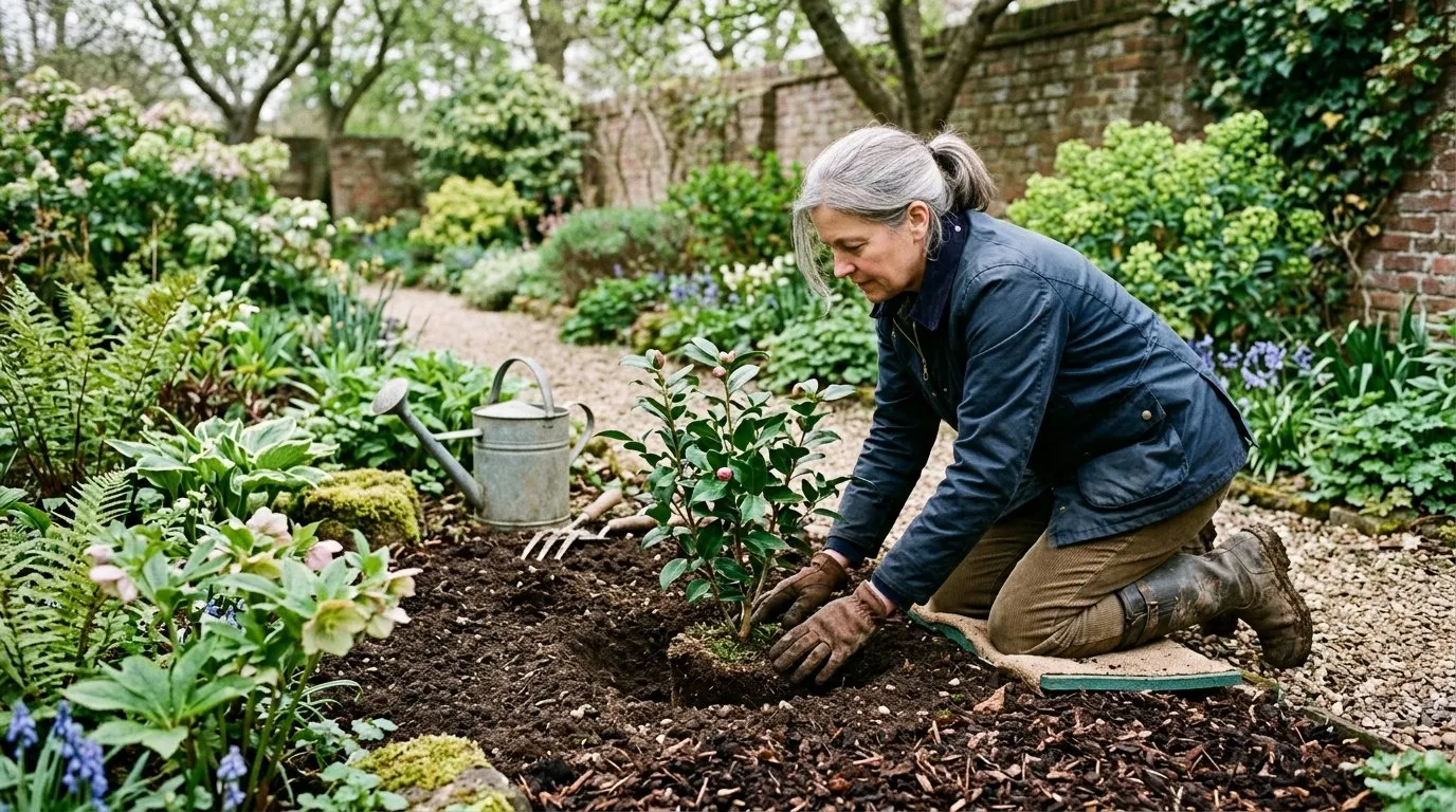 A gardener planting a young camellia in a sheltered UK garden border