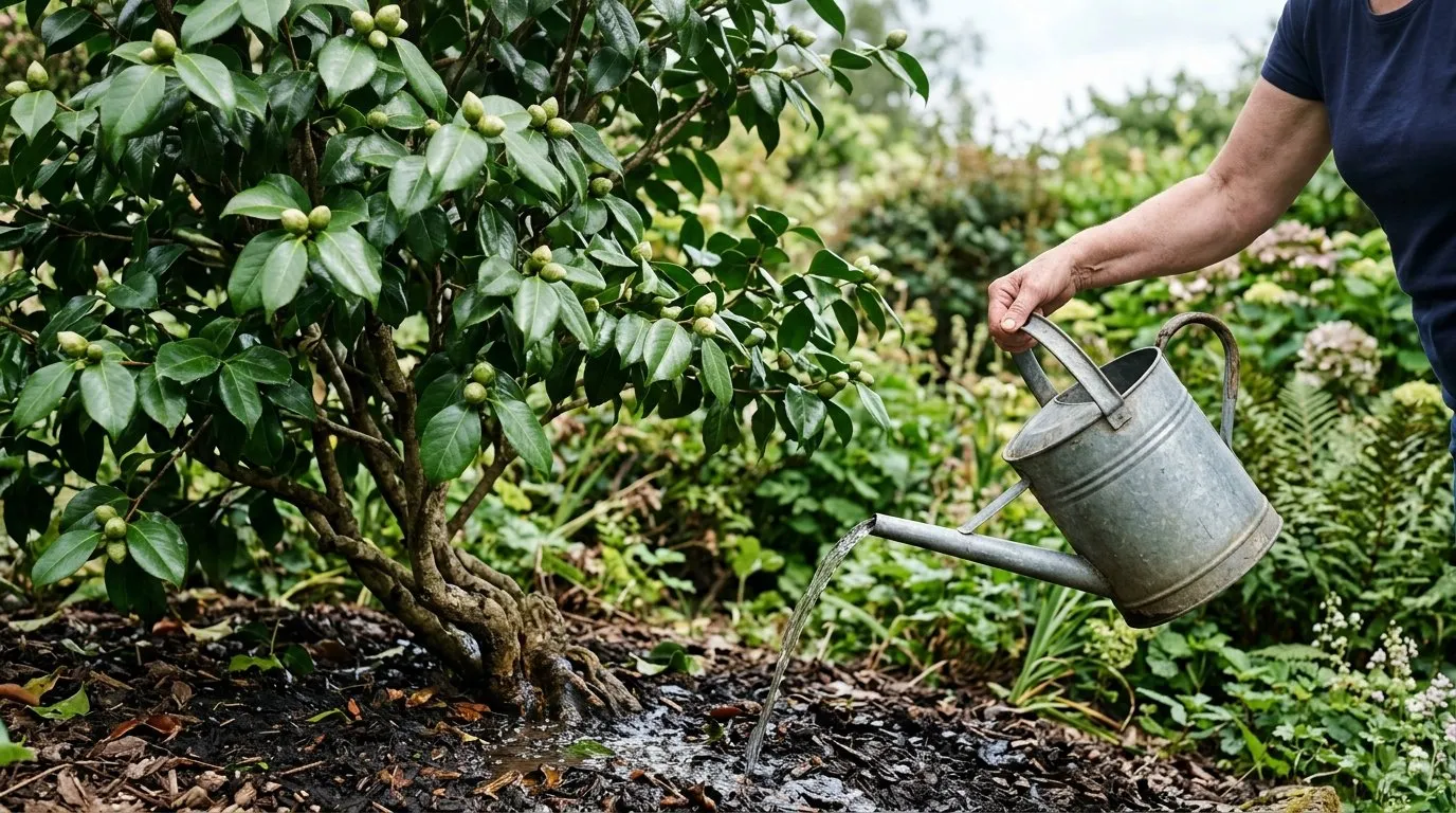A camellia being watered thoroughly during summer bud development