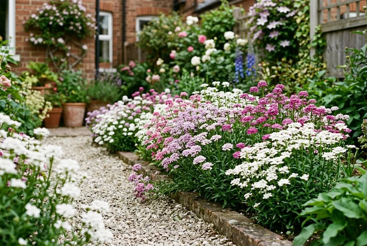 Annual candytuft Iberis umbellata in domed white, pink and purple clusters edging a gravel path