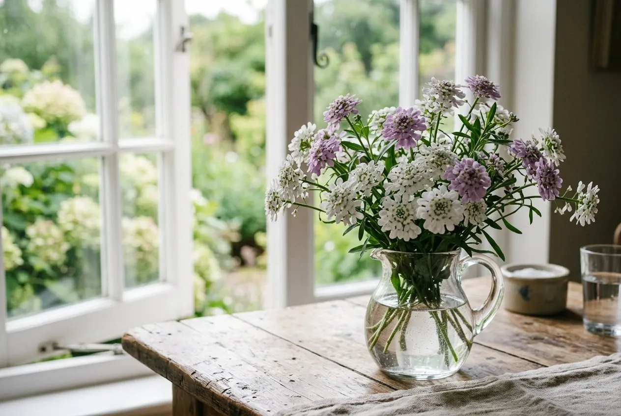 Cut white and lilac candytuft stems arranged loosely in a small glass jug on a wooden table
