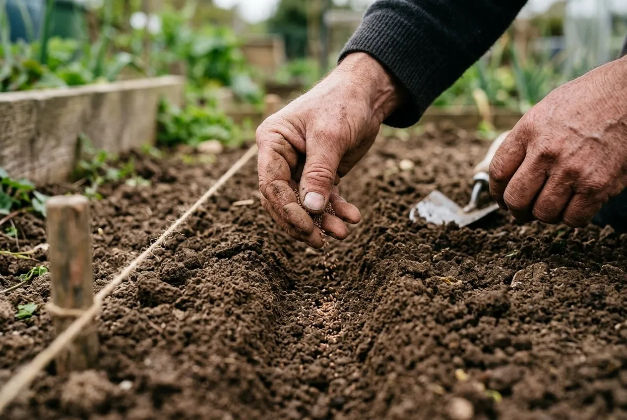 A gardener's hands sprinkling fine candytuft seed into a shallow drill in crumbly prepared soil