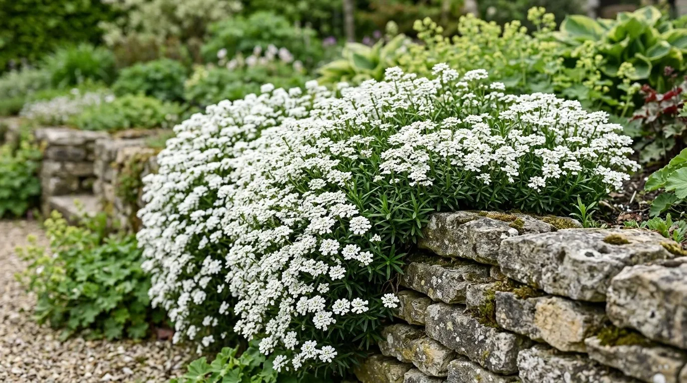 White perennial candytuft Iberis sempervirens cascading over a grey dry stone wall in a UK garden