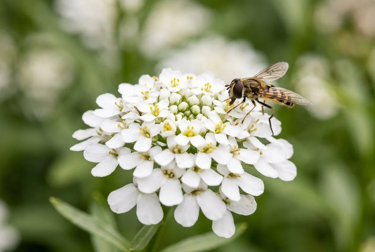 A hoverfly feeding on a flat white cluster of candytuft flowers in close-up