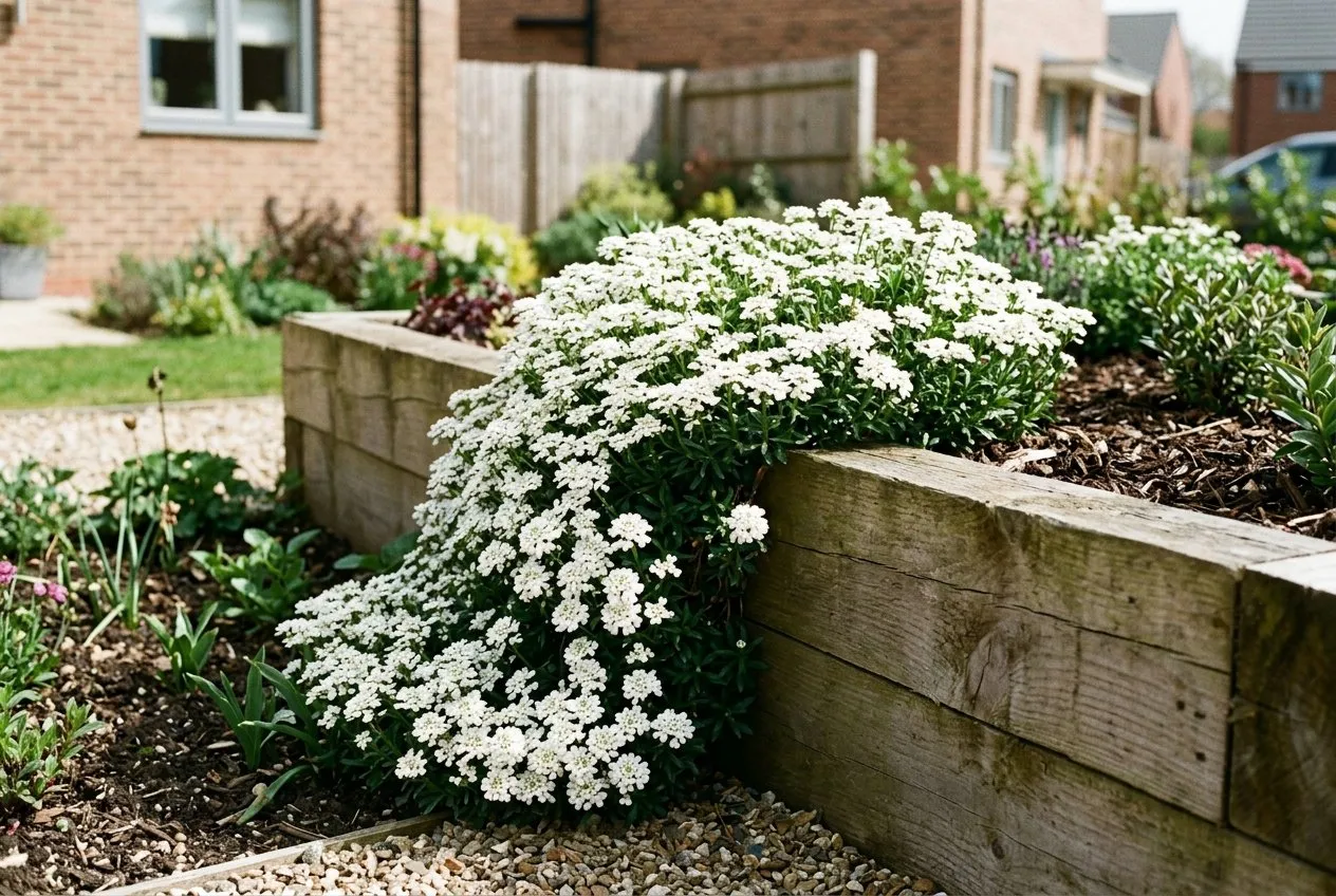 White perennial candytuft spilling over the edge of a timber raised bed in a UK garden