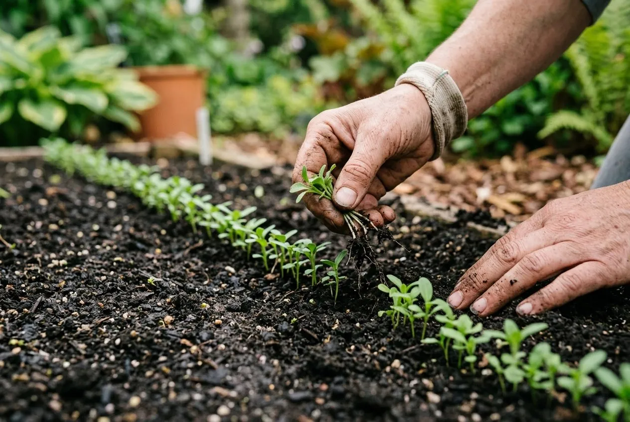 A gardener's hand thinning a row of young green candytuft seedlings growing in dark soil