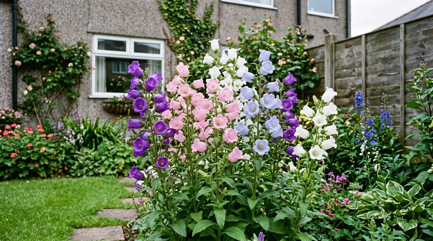 A block of Canterbury bells in full flower in a suburban back garden border in June