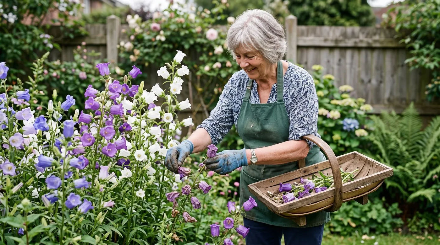 An older white British woman in her 70s deadheading spent Canterbury bell flowers in a summer garden
