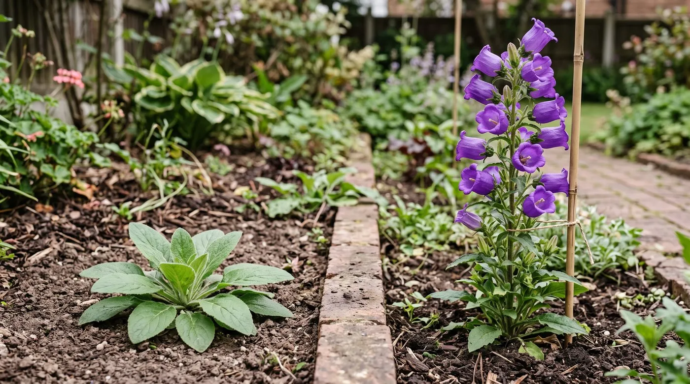 Diagram-style comparison of a first-year Canterbury bell rosette beside a second-year flowering spike in a UK garden