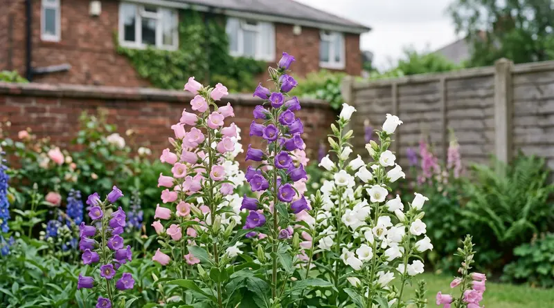 Canterbury bells in flower in a UK border, tall spires of purple and white cup-shaped bells above a suburban garden fence