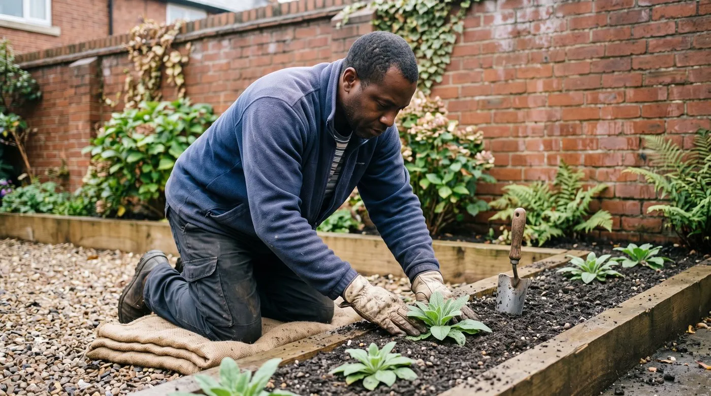 A Black British man in his 40s kneeling to plant out young Canterbury bell rosettes into an autumn border