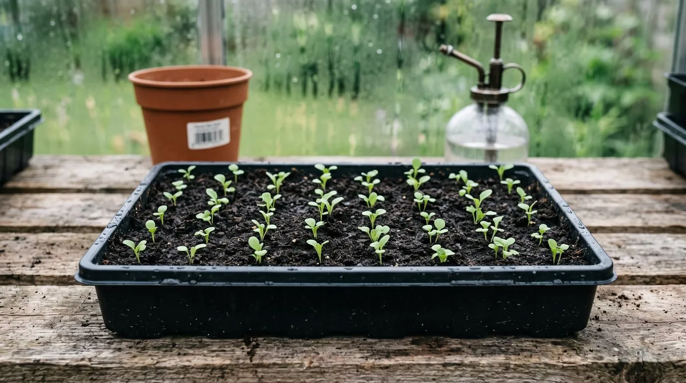 Seed tray of surface-sown Canterbury bell seedlings on a greenhouse bench in a suburban garden