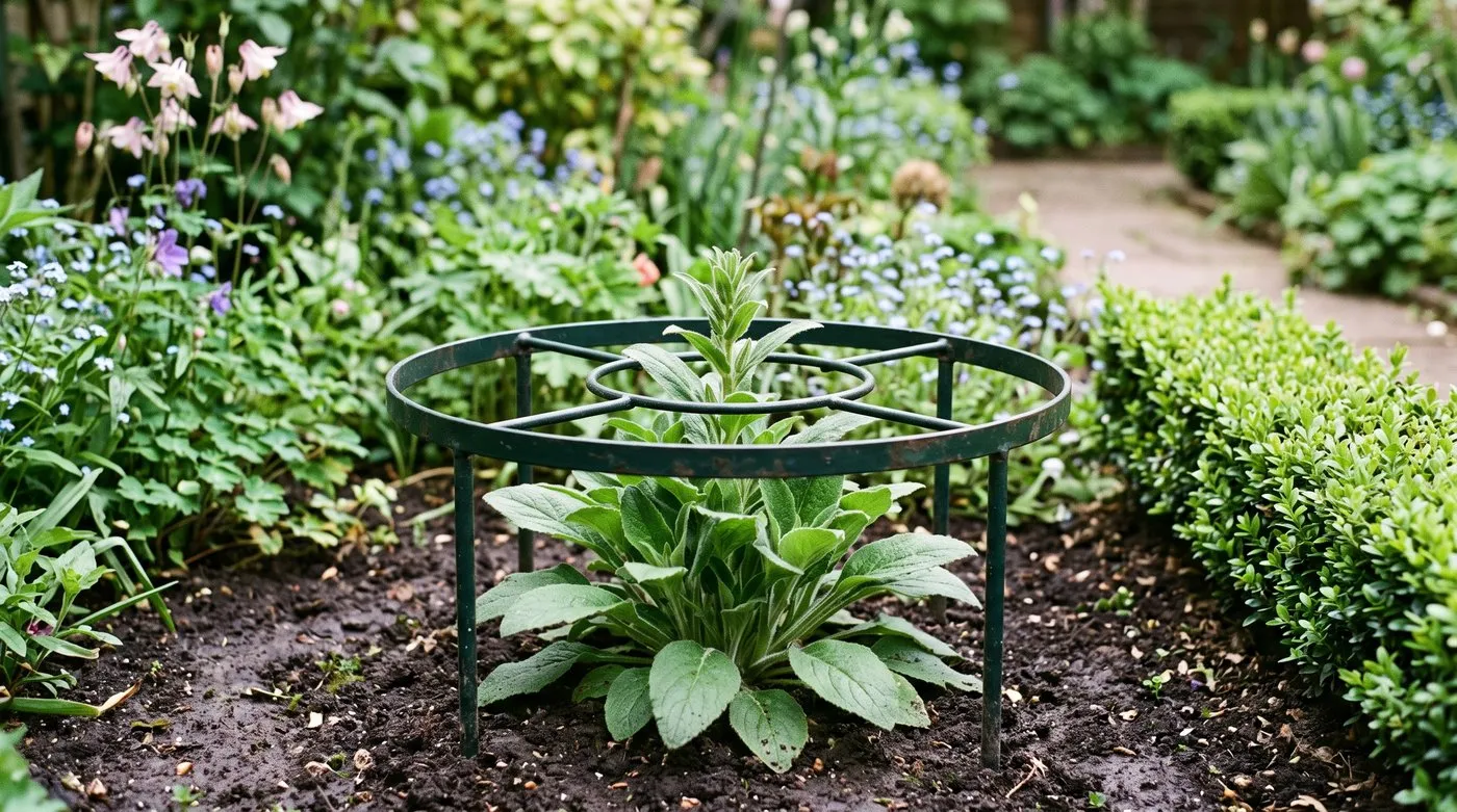Metal grow-through support ring set around a Canterbury bell in May before the flower spike extends