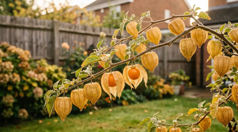 Cape gooseberry branch heavy with papery golden husks, one peeled to show the orange berry, in a UK garden