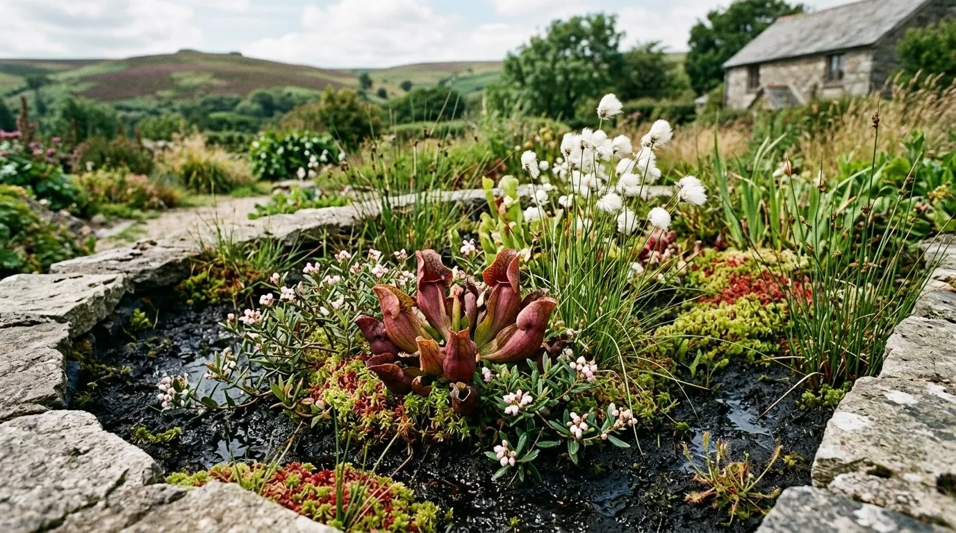 Outdoor UK bog garden with hardy carnivorous plants Sarracenia purpurea and cotton grass